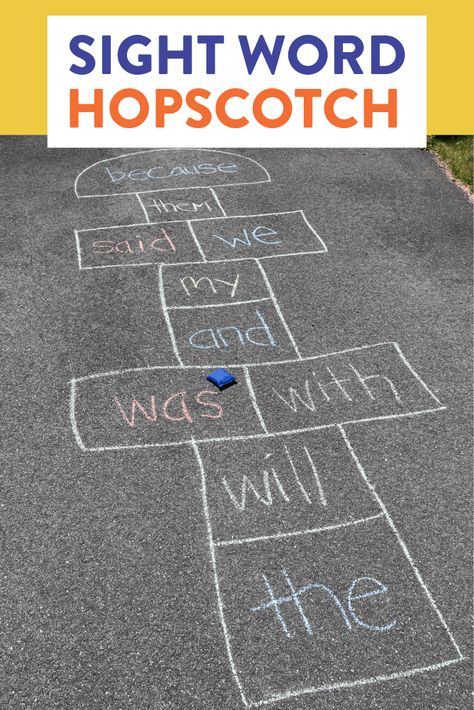 Sight Word Hopscotch, Sight Word Activity Kindergarten, Fun Way To Teach Sight Words, Sight Word Review Games, Fun Ways To Learn Sight Words Kindergarten, Fun Ways To Learn Sight Words, Sight Word Crafts, Chalk Games, Sight Words Games