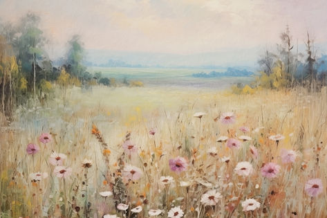 A vintage painting of a countryside wildflower field. Muted Bedroom, Wildflower Field Painting, Ig Background, Vintage Aesthetic Room, Wildflower Painting, Countryside Paintings, Wildflower Paintings, Landscape Vintage, Wildflower Field