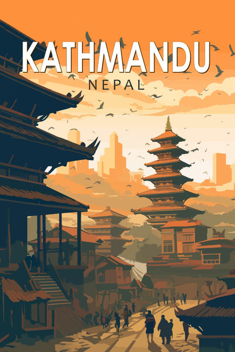 Artistic depiction of Kathmandu, Nepal in a classic retro style, emphasizing the city's rich cultural history and iconic landmarks. Contemporary Poster Design, Nepal Illustration, Heritage Poster, Journey Poster, Traditional Poster, Tourism Logo, City Posters, Nepal Art, Wanderlust Decor