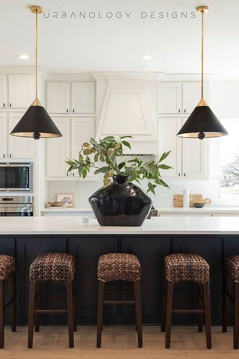 Kitchen Island With Dark Countertops, White Cabinets Contrasting Island, Dark Color Kitchen Island, Dark Wood Stained Kitchen Island, Black Kitchen Islands With White Cabinets, White Kitchen With Dark Island Cabinets, White Cabinets And Colored Island, High Contrast Kitchen Cabinets, Light Floor Dark Island