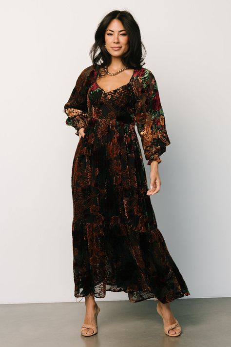 Marlow Velvet Embossed Dress | Black Multi Fun Bridesmaid Dresses Floral Prints, 70s Wedding Guest Dress, Fall Pink Dress, Mother Of The Bride Boho Dress, Wedding Guest Fall Dress, Fall Photoshoot Dress, Boho Mother Of The Bride Dresses, Black Plus Size Wedding Dress, Boho Plus Size Outfits