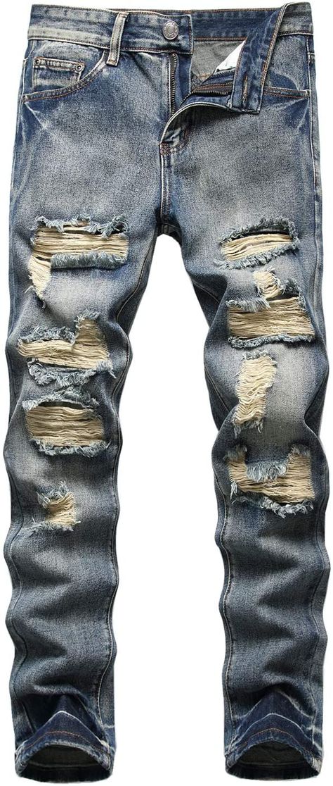 Liuhond Men's Ripped Distressed Destroyed Straight Fit Washed Denim Jeans (3330Blue, 40Wx32L) at Amazon Men’s Clothing store Cut Up Jeans, Jeans Outfit Men, Ripped Jeans Outfit, Ripped Men, Men Jeans Pants, Ripped Pants, Ripped Jeans Men, Jeans Street Style, Blue Ripped Jeans