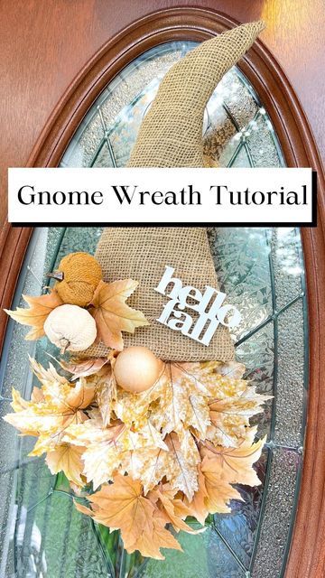 Fall Gnome Diy Craft, Fall Gnome Hats, Fall Leaf Nome, Gnome Wreath Fall, Burlap Gnome Diy, Dollar Tree Witch Hat Wreath Gnome, Diy Fall Gnome Wreath, Dollar Store Gnome Wreath, Gnome Leaf Wreath