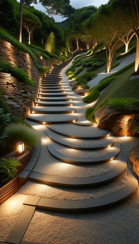 15 Unique Backyard Hill Ideas to Elevate Your Landscape 26 Nature Home Design, House On Hill Landscaping, Slope Backyard Landscaping Ideas, Hill Walkway, Turf Landscaping Ideas, Beautiful House Ideas, Mexican Backyard, Backyard Hill, Unique Backyard