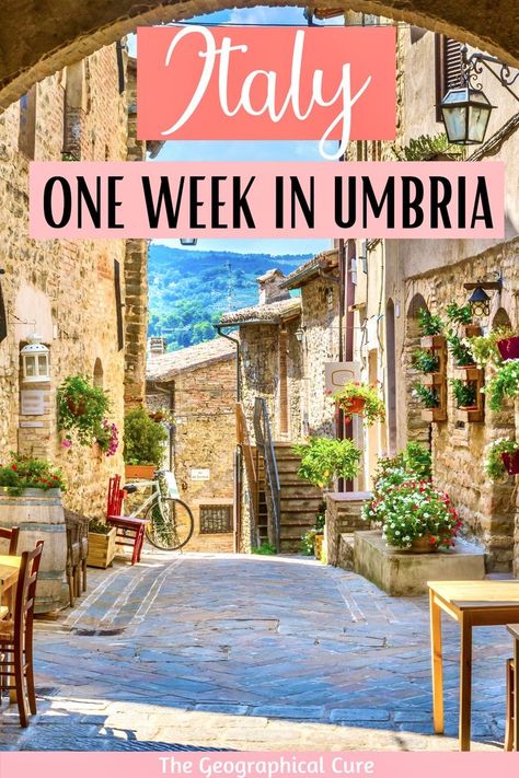 Pinterest pin for 7 Days In Umbria Italy Itinerary Umbria Italy Beautiful Places, Umbria Italy Travel, Italy Umbria, Traveling Italy, Ancona Italy, Umbria Italia, Perugia Italy, Road Trip Map, Italian Lakes