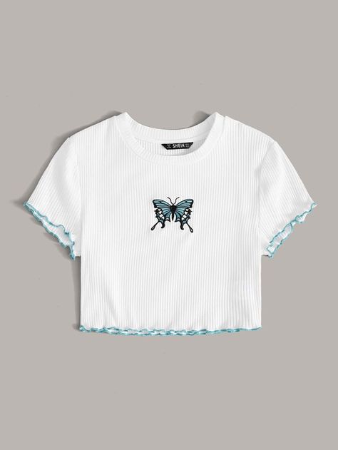 Embroidery Crop Top, Blusas Crop Top, Crop Tops For Kids, Girls Crop Tops, Shein Outfits, Butterfly Embroidery, Cute Preppy Outfits, Aesthetic Shirts, Cooler Look