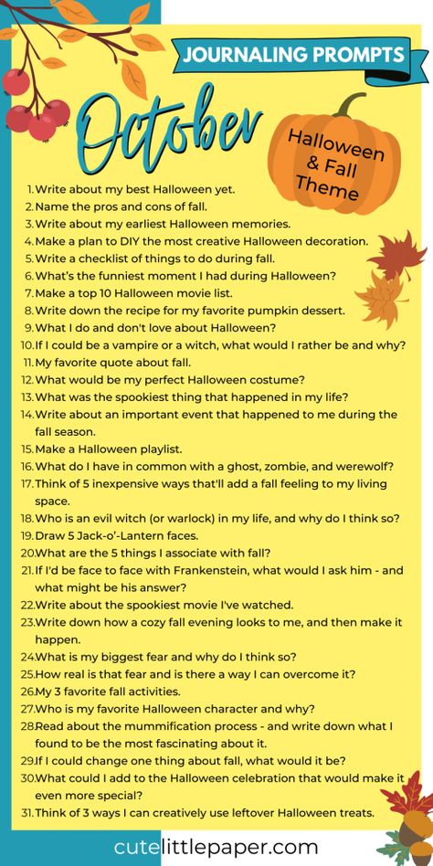 Harvest Moon Journal Prompts, October Daily Prompts, Halloween Journal Prompts, Writing Prompts List, October Checklist, October Journal Prompts, October Journaling, Fall Journal Prompts, Halloween Journaling