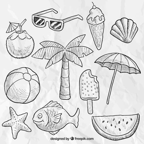 Free vector hand drawn beach elements | Free Vector #Freepik #freevector #beach-drawing #summer-sunglasses #beach-elements #parasol Sunglasses Drawing, Beach Elements, Sea Elements, Tools List, Technology Icon, Poster Invitation, Presentation Template Free, Card Banner, Vector Hand