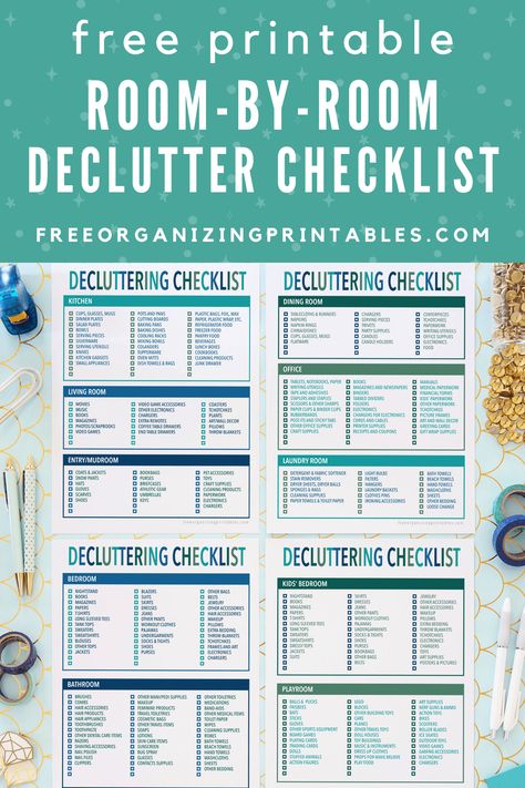 This free printable declutter checklist is a room by room list of things to declutter so you can get rid of your unwanted items quickly and easily! | #declutter #decluttering #tidyup #organizing Organisation, Free Organizing Printables, Decluttering List, Room List, Organizing Printables, Things To Declutter, House Checklist, Cleaning Checklist Printable, Room Checklist