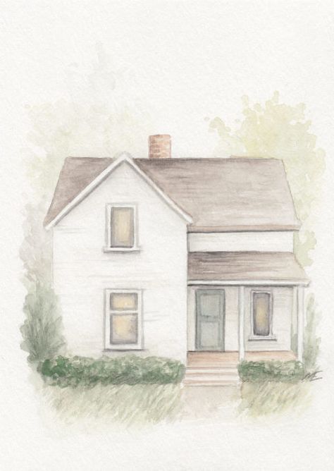 How To Draw A Farmhouse Step By Step, Farmhouse Watercolor Art, House Portrait Drawing, Cute House Drawing Cottages, How To Draw A Farmhouse, Farmhouse Drawings Easy, Watercolor House Painting Simple, Watercolour Farmhouse, Home Drawing Simple