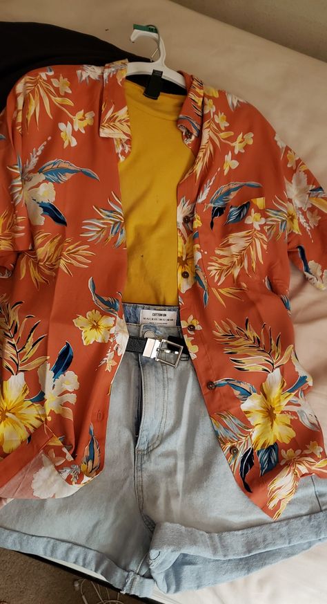 Bright Tomboy Outfits, Colorful Nonbinary Outfits, How To Style Orange Shirt, Cute Button Up Shirts Outfits, 80s Clothing Style, Do You Listen To Girl In Red, Sun Aesthetic Outfit, Retro Aesthetic Outfit Ideas, Fem Outfits For Men