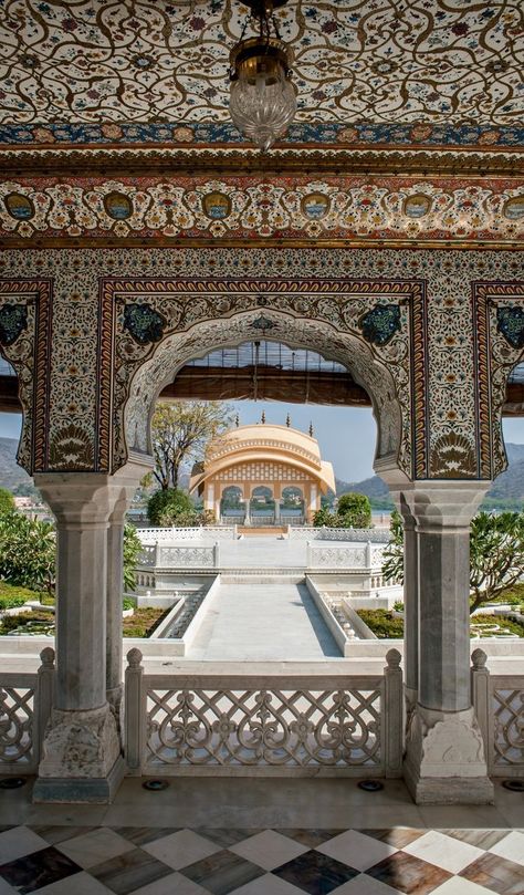 Jaipur, Rajasthan, India. Golden Triangle tour. In the elaborate ceiling of the 18th-century Jal Mahal, or Water Palace, flowers are set in an ornate trellis in Jaipur. Golden Triangle tour route with New Delhi and Agra, North India, backpacking Asia. Travel tips. Indian Architecture, Jal Mahal, Indian Palace, India Architecture, Mughal Architecture, Architecture Panel, Genius Loci, Backpacking Asia, North India