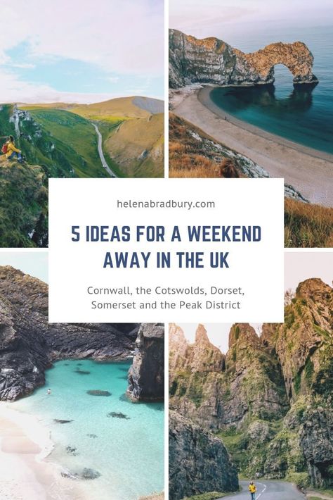 5 ideas for a weekend away in the UK | If you’re looking for something different to do on a weekend, why not try a staycation in the UK and head to one of these five UK destinations for a fun weekend away without breaking the bank | Helena Bradbury | The Cotswolds | Travel Blogger | Cornwall | Peak District | Dorset | Jurassic Coast | Castle Combe | Durdle Door | Somerset | Wells | St Ives | weekend breaks | UK trips | England | Hiking | Travel Idea | Travel guide | Cornwall Road trip Uk Trip Ideas, Uk Weekend Breaks, Uk Road Trip, Uk Holiday Destinations, Uk Staycation, Road Trip Uk, Durdle Door, Staycation Ideas, Uk Holiday