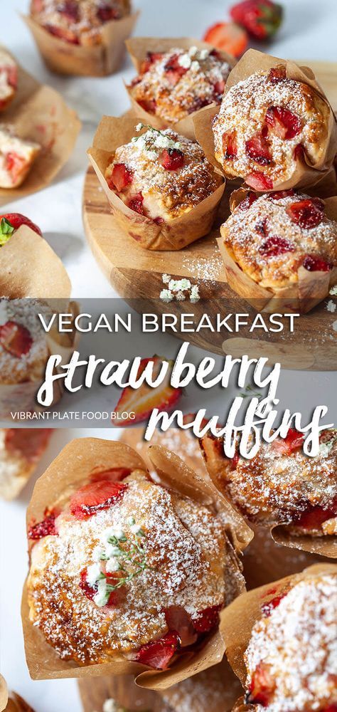 Vegan Strawberry Muffins, Vegan Breakfast Muffins, Breakfast Strawberry, Vegan Brunch Recipes, Vegan Baking Recipes, Strawberry Muffins, Vegan Muffins, Vegan Brunch, Vegan Bakery