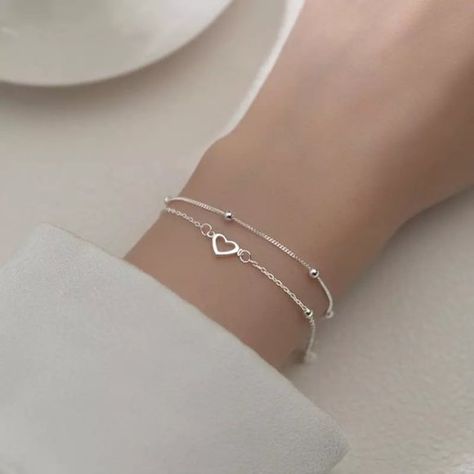 925 Sterling Silver Double Layer Bracelet Heart For Women Sweet Chain Student Dainty Silver Jewellery, Silver Bracelet Aesthetic, Bead Bra, قلادات متدلية, Fashion Romantic, Jewelry Classic, Bracelets Design, Romantic Jewelry, Silver Heart Bracelet