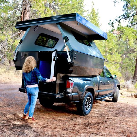 Tent Truck Camping, Truck Bed Pop Up Camper, Pickup Camper Ideas, Chevy Colorado Camper Shell, Truck Camper Storage Ideas, Camper Shell Camping, Toyota Tacoma Camping, Overland Truck Bed, Pickup Truck Camper Shell