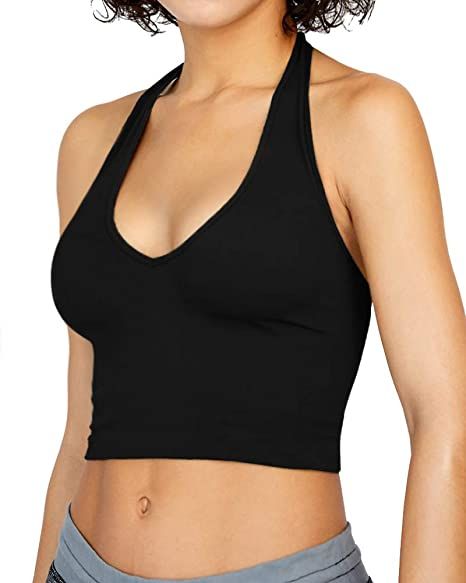 CLOZOZ Women's Halter V Neck Sleeveless Backless Basic Crop Top (Black, Medium) at Amazon Women’s Clothing store Comfortable Work Clothes, Black Halter Crop Top, Basic Crop Top, Crop Tops Online, Womens Halter Tops, Backless Crop Top, Trendy Tops For Women, Backless Top, Just Style