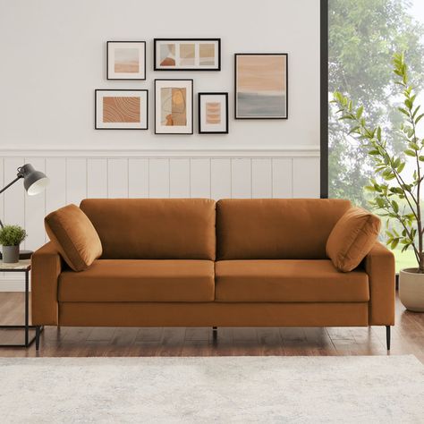 Corrigan Studio® Jeses Minimore Modern Style Etta 84.3" Mid-Century Modern Design Sofa & Reviews | Wayfair Modern Design Sofa, Modern Sofa Designs, Sofa Review, Solid Wood Dining Table, Design Sofa, Velvet Sofa, Upholstered Sofa, Wood Dining Table, Mid Century Modern Design