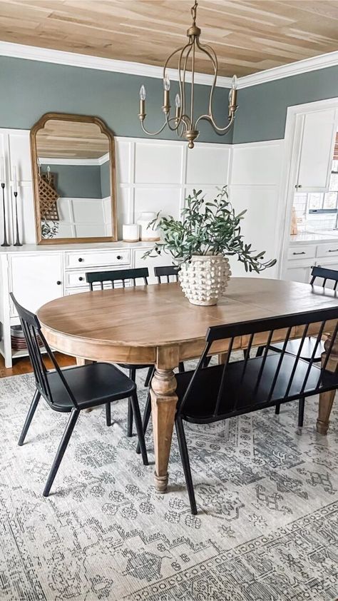 Dining Table With Painted Chairs, Modernize Farmhouse Table, Farmhouse Modern Dining Room Table, Dining Chairs Farmhouse Table, Natural Wood Kitchen Tables, Black Chairs Natural Wood Table, Wood Dining Table With Accent Chairs, Dining Room Round Tables, Refinishing Wood Dining Table