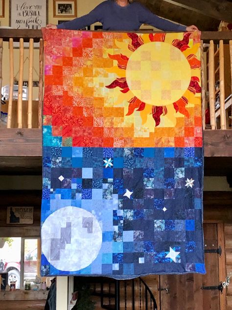 Sun Moon And Stars Quilt Pattern, Patchwork, Sun Moon Quilt, Sun Quilt Pattern, Space Quilt Pattern, Galaxy Quilts, Sun Quilt Block, Night Sky Quilt, Cloud Quilt