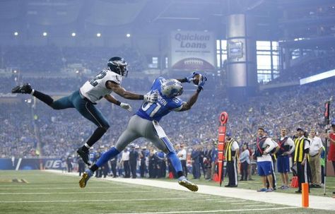 The Eagles lasting pounding came against Calvin Johnson and the Lions on Thanksgiving. Buffalo Bills Stadium, Calvin Johnson, Detroit Lions Football, Nfl Football Players, Lions Football, Baseball Stadium, Football Photos, Team Photos, Nfl Players