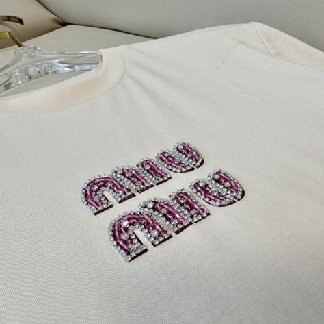 Miu Miu New Handcrafted Beaded Logo T-shirt Miu Miu Embroidery, Miu Miu Upcycled, Miu Miu Tshirts, Miu Miu T Shirt, Beaded T Shirt, Miu Miu Shirt, Miu Miu Top, Miu Miu Logo, Beaded Shirt