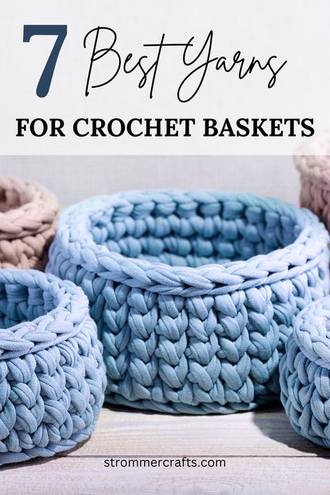 Need help picking the perfect yarn for your crochet basket pattern? Discover 7 sturdy and basket friendly yarns that you can use to create beautiful and functional crochet baskets! Functional Crochet, Crochet Basket Tutorial, Puff Stitch Crochet, Hemp Yarn, Yarn Basket, Crochet Basket Pattern Free, Jumbo Yarn, Crochet Baskets, Crochet T Shirts