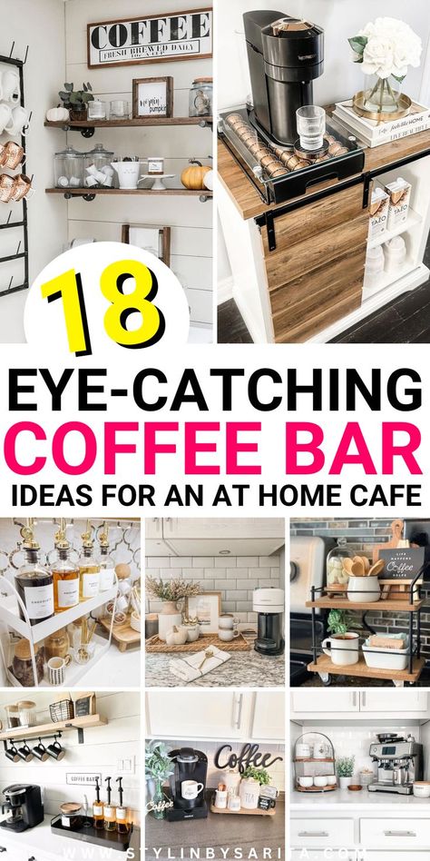 coffee bar decor ideas Coffee Corners Ideas, Coffee Bar Ideas Workplace, Coffee Bar Cabinet Organization, Magnolia Coffee Bar, Drinking Station Home, How To Display Coffee Syrups, Coffee Bar For A Party, Home Espresso Bar Setup, Kitchen Coffee And Tea Station