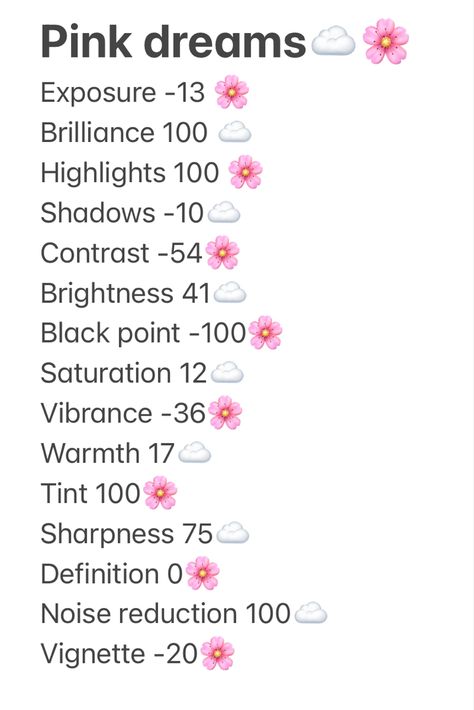 Iphone Filters Photo Editing Pink, Exposure Brightness Contrast, Pink Photo Edit Iphone, Aesthetic Filters For Photos, Pink Photo Editing, Picture Themes Ideas, Pink Dreams Filter, How To Make A Photo Aesthetic, How To Make Your Pictures Look Aesthetic Filter
