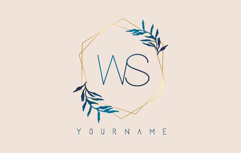 Letters WS w s Logo with golden polygon frames and gradient blue leaves design. Mc Logo, Nail Logo, Gradient Blue, Leaves Design, C Logo, S Logo, Letter Logo Design, Blue Leaves, Letter Logo