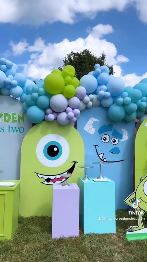 Monsters Party Ideas, Monsters Inc Backdrop Party Ideas, Monster Inc Backdrop, Monster Inc Balloon Decor, Monsters Inc Birthday Backdrop, Two Scary Birthday Party Monsters Inc, Monsters Inc Decorations Halloween, First Birthday Monsters Inc, Monster Inc Balloon Garland