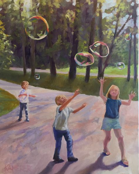 24” x 30” oil painting on canvas   Childhood innocence and joy captured in oil. #artwork #childrensart #homedecorideas #oilpaintingart #bubbles #kidsroom Croquis, Childhood Art Painting, Childhood Nostalgia Artwork, Paintings About Growing Up, Childhood Imagination Art, Nostalgia Childhood Aesthetic, Human Experience Art, Childhood Painting Memories, Childhood Nostalgia Painting
