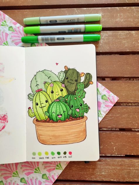 Happy cactus drawings in my sketchbook - I used Copic alcohol markers Kawaii, Art Copic Markers, Coloring Markers Drawing, Copic Drawings Simple, Sketchbook Ideas Alcohol Markers, Alcohol Markers Easy Drawing, Easy Alcohol Markers Drawing, Drawing With Alcohol Markers Easy, Drawings With Paint Markers