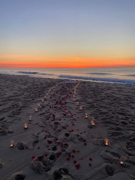 Beach Proposal At Night, Roses In Sand Proposal, Beach Engagement Surprise, Engagement On The Beach Ideas, Mexico Proposal Ideas, Beach Girlfriend Proposal, Fall Beach Proposal, Proposal Ideas Engagement Surprise Beach, Jamaica Proposal