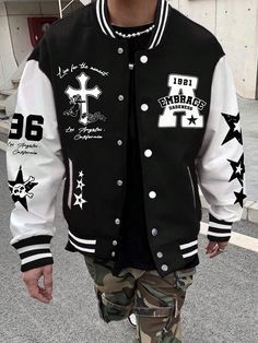 Black and White Casual Collar Long Sleeve Fabric Letter,Striped Varsity Embellished Slight Stretch Men Clothing Varsity Jacket Outfit Mens, Varsity Outfit, Cross Graphic, Graphic Jackets, Varsity Jacket Outfit, College Jackets, Varsity Jacket Men, Swag Men, Fresh Outfits