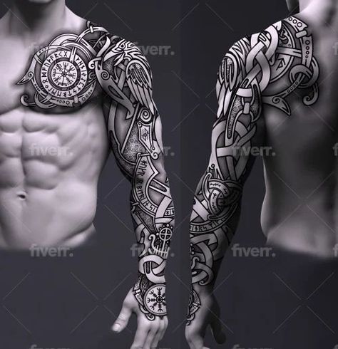 Functional Tattoo Ideas, Norse Tattoo Sleeve, Viking Runes Tattoo, Arm Tattoo Viking, Runes Tattoo, Viking Tattoos For Men, Celtic Sleeve Tattoos, Traditional Viking Tattoos, Viking Rune Tattoo