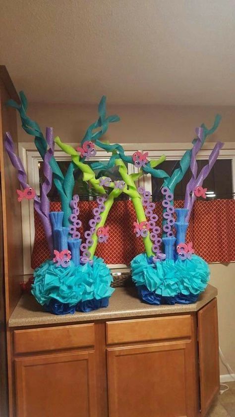 Coral Reef Out Of Pool Noodles, Coral Reef Table Decor, Noodle Coral Reef Diy, Submarine Classroom Decorations, Diy Pool Noodle Coral Reef, Finding Nemo Party Decorations Diy, Coral Reef Party Decorations, Pool Noodle Reef, Pool Noodle Party Decorations