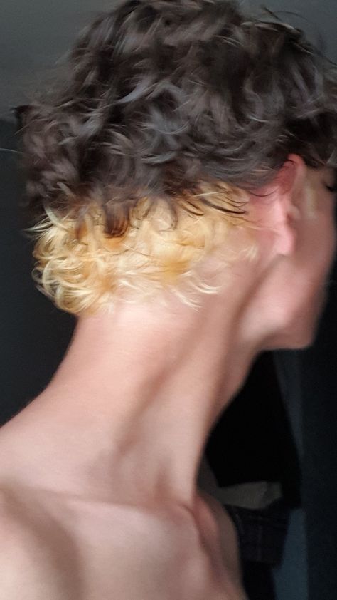 Men Dyed Hair Curly, Male Dyed Hair Curly, Underlayer Hair Color Short, Bleached Undercut Long Hair, Hair Dye Styles For Men, Bleached Undercut Men, Hair Dye Ideas For Short Hair Men, Short Curly Dyed Hair Men, Undercut Dyed Hair Curly