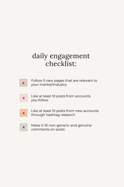 instagram engagement, engagement checklist, instagram marketing, marketing tips, instagram tips How To Make Your Social Media Aesthetic, Increase Social Media Engagement, Increasing Social Media Engagement, Social Media Engagement Strategy, Social Media Posting Strategy, Instagram Management Tips, Social Media Daily Checklist, How To Do Social Media Marketing, Marketing Tips For Instagram