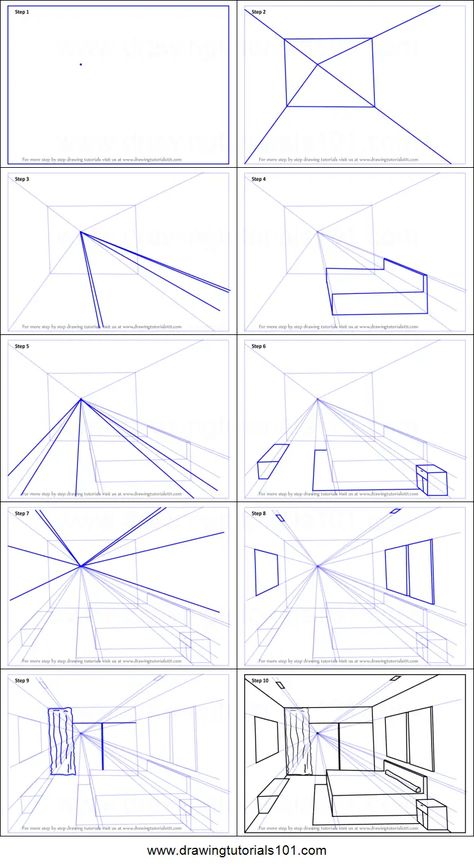 How to Draw One Point Perspective Bedroom printable step by step drawing sheet : DrawingTutorials101.com All Point Perspective Drawing, How To Draw A Bedroom In One Point Perspective, Drawing Interior Perspective, Architecture Bedroom Drawing, 1 Point Prospective Drawing, How To Draw Bedroom Perspective, 1 Point Perspective Drawing Step By Step, Drawing Bedroom Ideas, Architecture Room Drawing