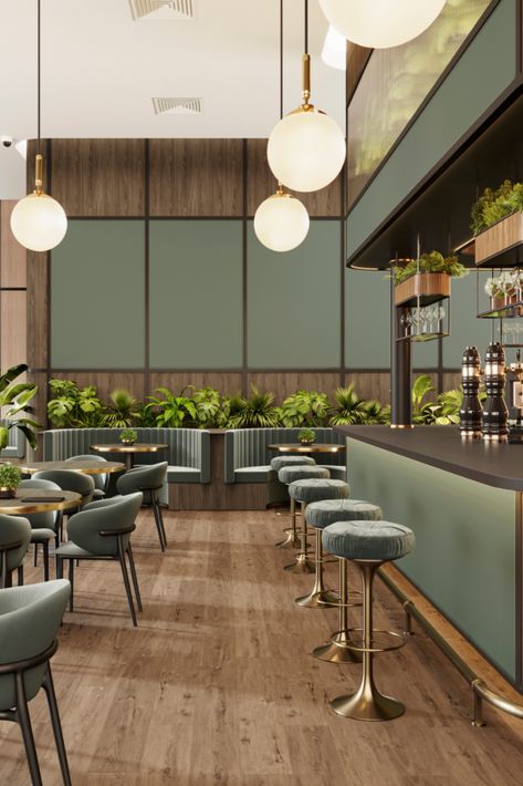 a bar space with wooden and green walls and the bar table Green Theme Restaurant, Sage Green Restaurant Interior, Sage Green Restaurant, Restaurant Colour Palette, Dark Green Restaurant, Restaurant Color Scheme, Green Restaurant Interior, Green Cafe Interior, Earthy Cafe