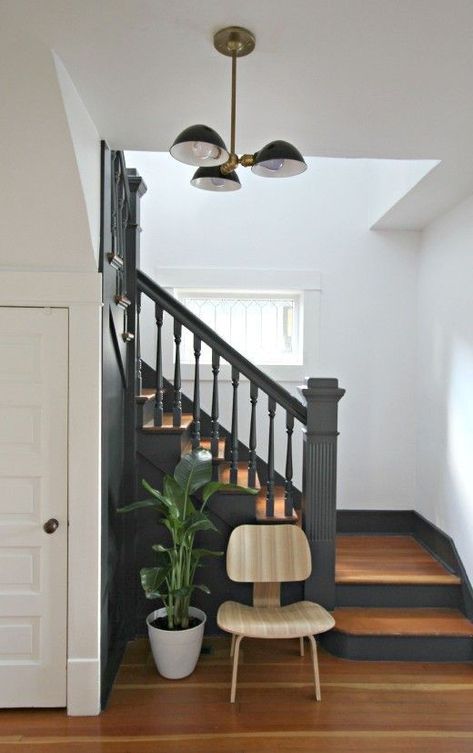 trim is Sherwin Williams "Iron Ore," and the walls will be Sherwin Williams "Pure Whit Gray Stairs, Traditional Entryway, Entryway Stairs, Black Stairs, Hal Decor, Painted Staircases, Diy Staircase, Staircase Makeover, Hallway Designs