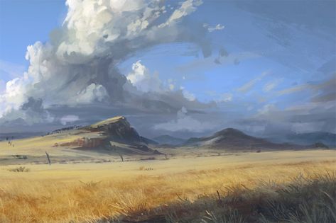 The Talenta Plains are a vast grassland stretching from the Blade Desert to the borders of Karrnath and the Mournland. It is the home of wandering herds of buffalo-sized dinosaurs and tribal halflings remaining true to their ancient nomadic way of life since the days before humans walked the lands of Khorvaire. The Talent Plains stretches across the middle eastern side of Khorvire. It reaches the Endworld and Ironroot Mountains to Dead Gray Mist of the Mournland. Their southern border with... Plains Landscape, Landscape Concept, Fantasy Places, Fantasy Setting, Wow Art, Landscape Scenery, Fantasy Concept Art, Fantasy Art Landscapes, Environment Concept