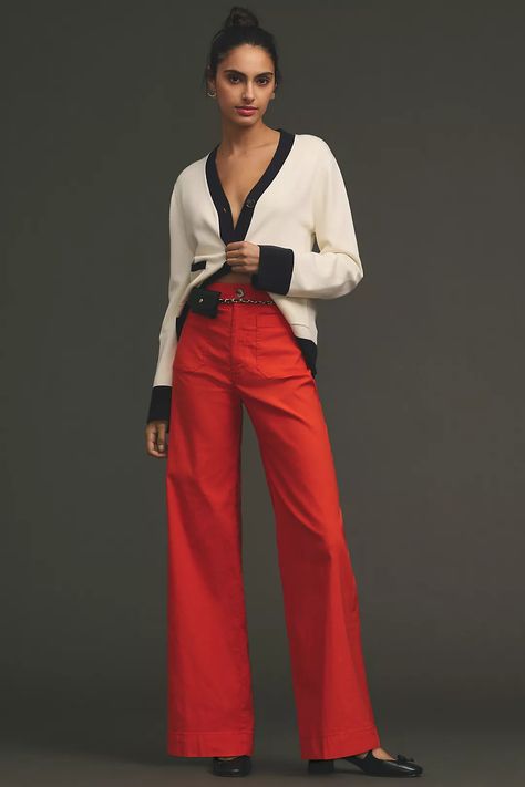 The Colette Full-Length Wide-Leg Pants by Maeve | Anthropologie Red And White Top Outfits, Sleek Work Outfit, Red Pants Pink Top Outfit, Red Pants Casual Outfit, Spring Outfit Pants, Red Crop Pants Outfit, Work Outfits Summer Women, Red Work Pants Outfit, How To Wear Red Pants