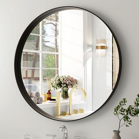 PRICES MAY VARY. Explosion-Proof Round Bathroom Mirror : The upgraded HD explosion-proof lenses offer clearer imaging and distortion-free reflections, ensuring a superior visual experience. Moreover, the mirror surface features fast fog dispersal properties, making it resistant to corrosion and preventing easy oxidation. It is also effortless to clean, providing added convenience for your use Practical and Decorative Large Round Mirror : This bathroom mirror can serve as a bedroom mirror, hallwa Wall Mirror Decor Living Room, Round Bathroom Mirror, Round Wood Mirror, Black Round Mirror, Entryway Modern, Round Bathroom, Large Round Mirror, Farmhouse Mirrors, Mirror Wall Living Room