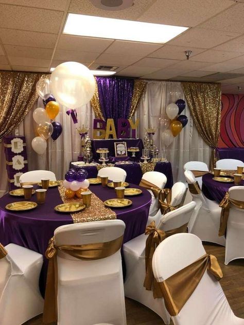 Purple & Gold Party, Purple White And Gold Decorations, Purple And Gold Table Decorations Party Ideas, Purple Gold Party Decor, Gold Silver Purple Party, Purple And Gold 70th Birthday Party, Gold Purple And White Party Ideas, Purple And Gold 60th Birthday Party, Purple Gold Decorations Party Ideas