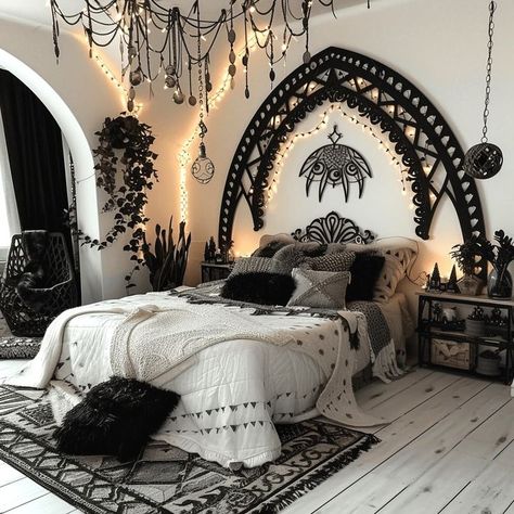 Monochrome Magic: Boho Bedroom with Plants and Lights Bedroom With Plants And Lights, Boho Bedroom With Plants, Black Boho Bedroom, Boho Bedroom Design, Boho Bedroom Ideas, A Modern House, Bedroom Decor Cozy, Dark Home Decor, Goth Home Decor