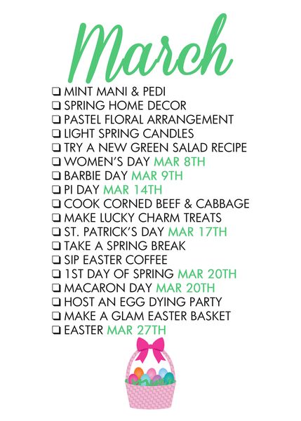 March Seasonal Living List Organisation, Seasonal Living List, Lucky Charms Treats, Monthly Celebration, Diy Kalender, Monthly Activities, Seasonal Living, Spring Candles, Life List