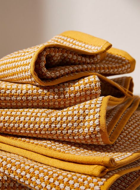 Retro dotted towels | Simons Maison | Jacquards & Embroidery | Bath Towels | Simons Bathroom Textiles, Mustard Bath, Yellow Towels, Brown Mustard, Hand Towels Bathroom, Yellow Bathrooms, Guest Towel, Towel Collection, Dark Yellow