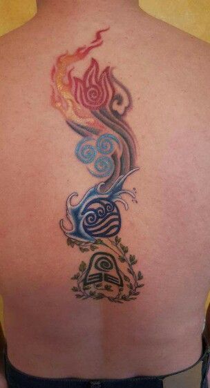 Avatar the last airbender tattoo. Air water earth fire four nations ATLA Shoulder Tattoo Ideas, Element Tattoo, Atla Tattoo, Avatarul Aang, Avatar Tattoo, Tattoo Schrift, Elements Tattoo, Desain Signage, Avatar The Last Airbender Art